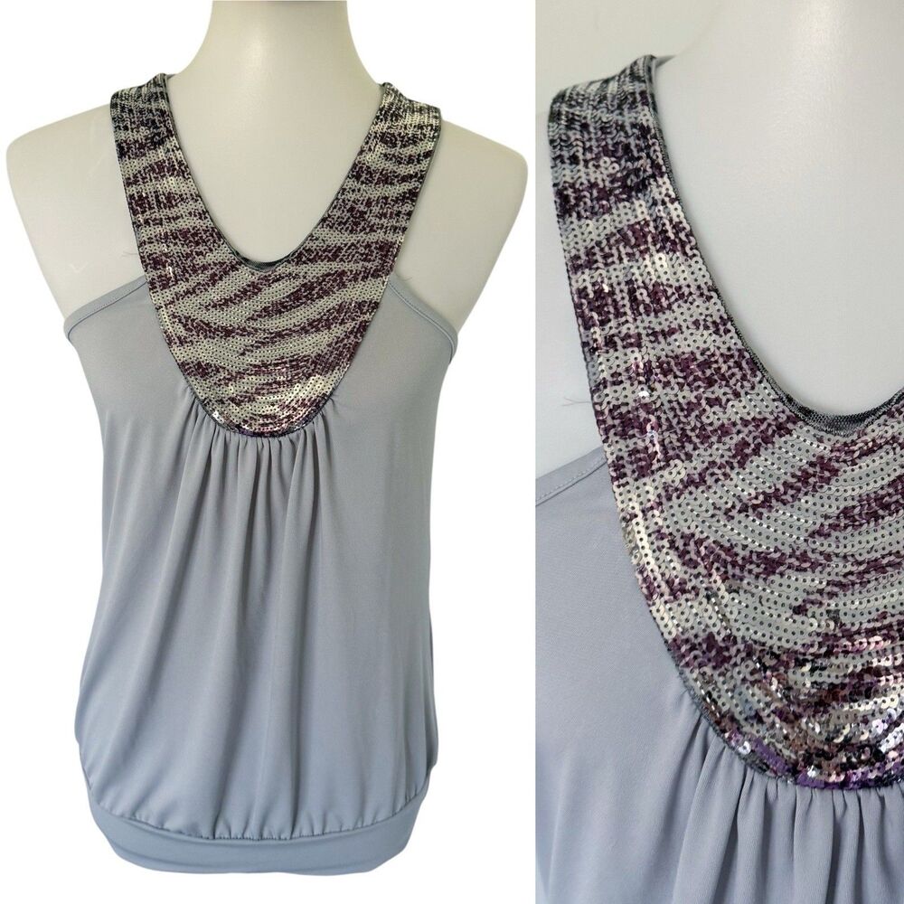 Vtg Y2k Gray Sequin Zebra Print Halter Top Sleeveless Blouson Party Club Shirt L